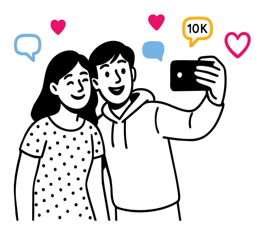 Plixi graphic of two smiling Instagram users taking a selfie surrounded by Instagram engagement icons.