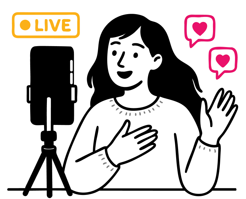 Plixi graphic of an Instagram influencers recording a live stream on a mounted phone with heart icons in the background.